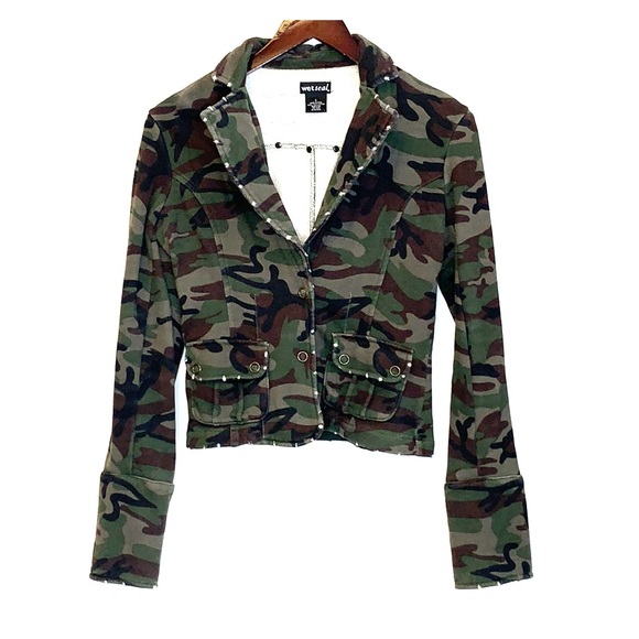 WET SEAL Distressed Camo Print Snap Button Crop Blazer Jacket VINTAGE Y2K S - Picture 1 of 8
